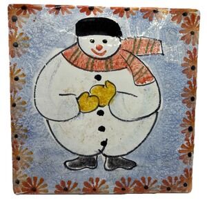 HAND PAINTED SIGNED PAINA SNOWMAN TILE 8" X 8" Italy Vintage